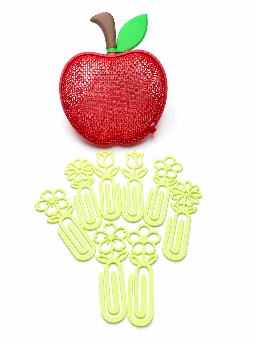 Kids Red Apple Coin Purse with Lime Green Flower Clips, teacher appreciate